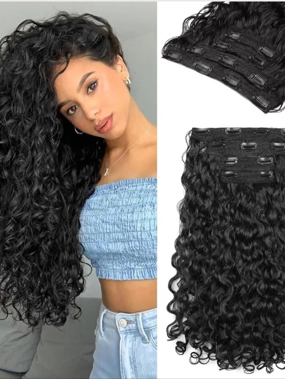 Black Curly Clip-In Hair Extensions - Natural-Look Volume SET OF 4 CLIP IN